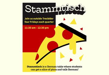 Poster image for the German Table series at Stanford. Image of a pizza slice with black, red, yellow stripes of the flag of Germany. The title says Stammtisch.